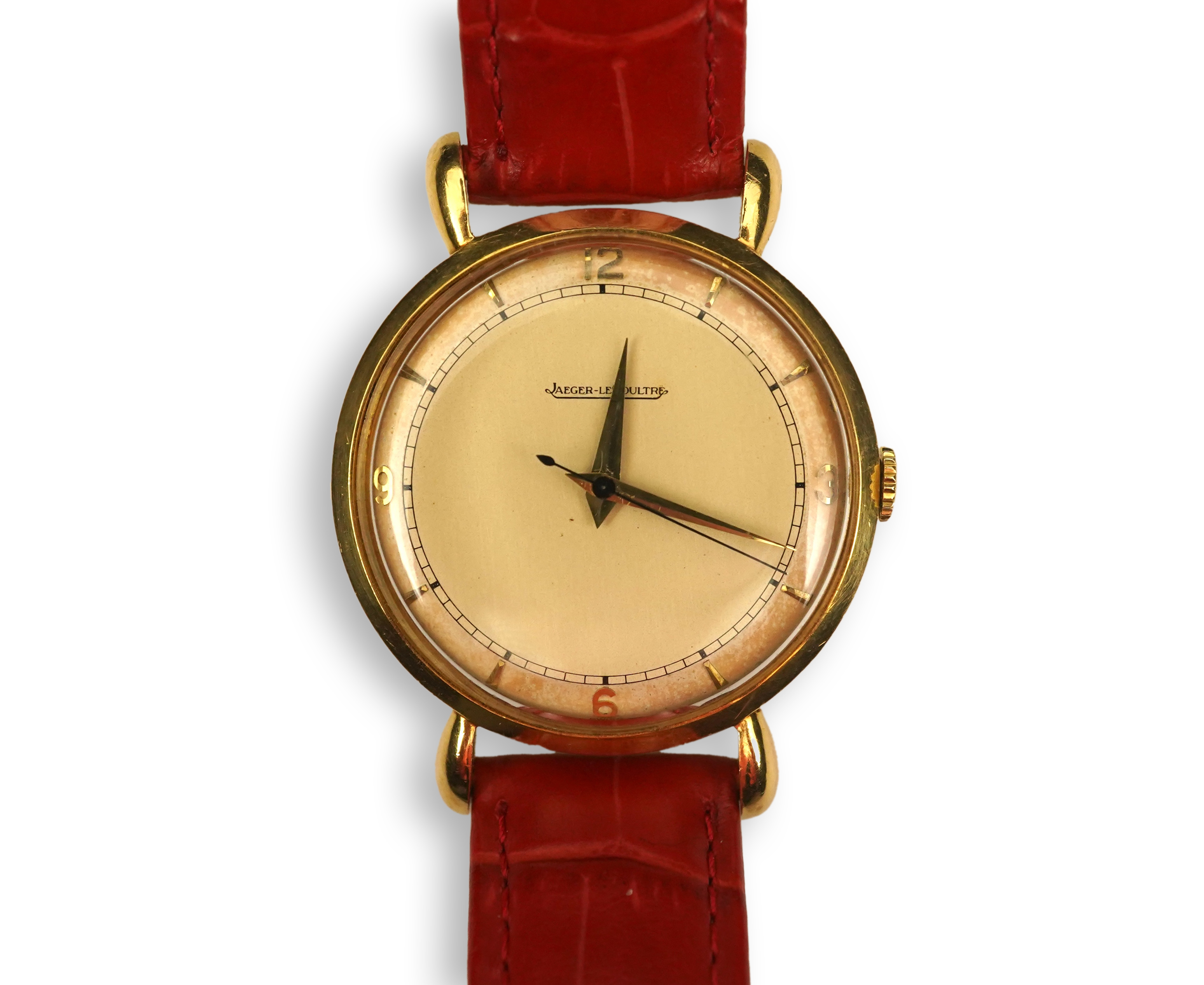 A gentleman's 1950's 18ct gold Jaeger LeCoultre manual wind wrist watch, on a later associated leather strap